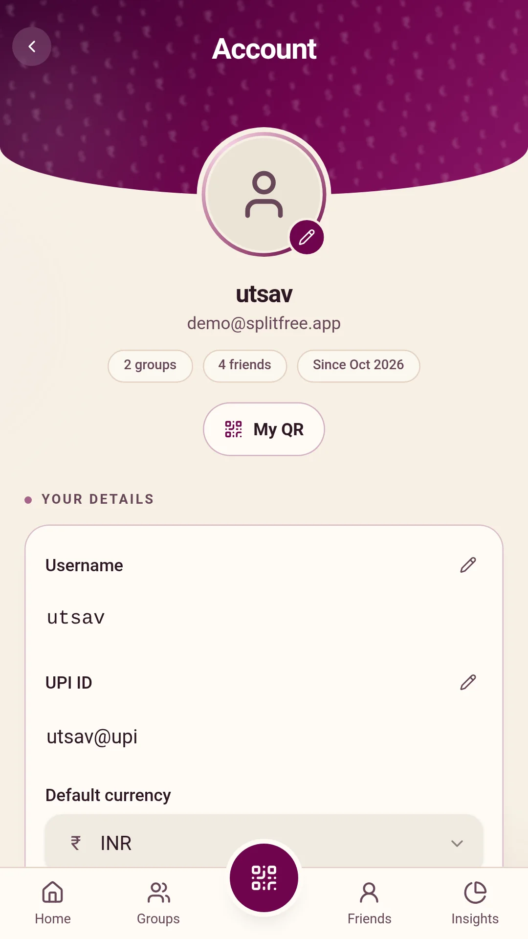 SplitFree Account screen with your username, UPI ID and default currency, each editable