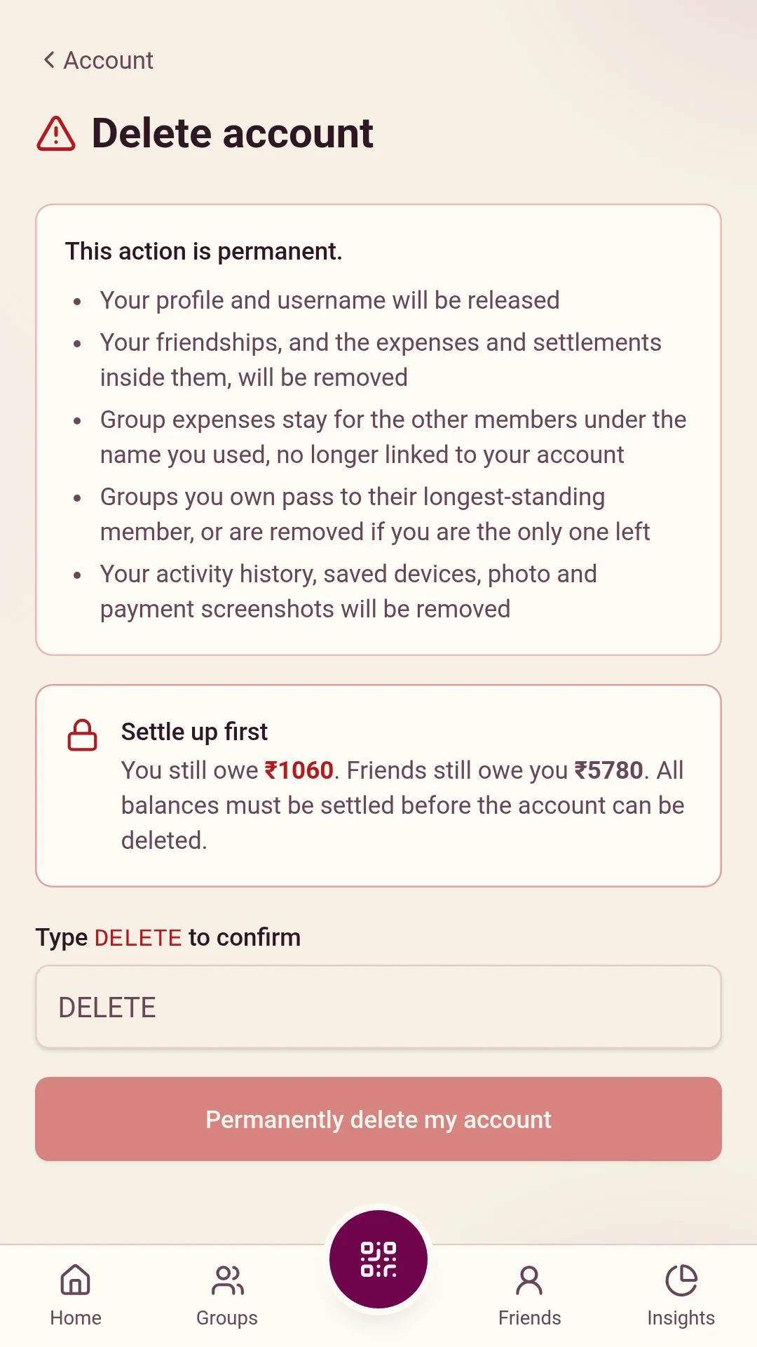 SplitFree Delete account screen listing what is removed, asking you to settle up first and type DELETE to confirm