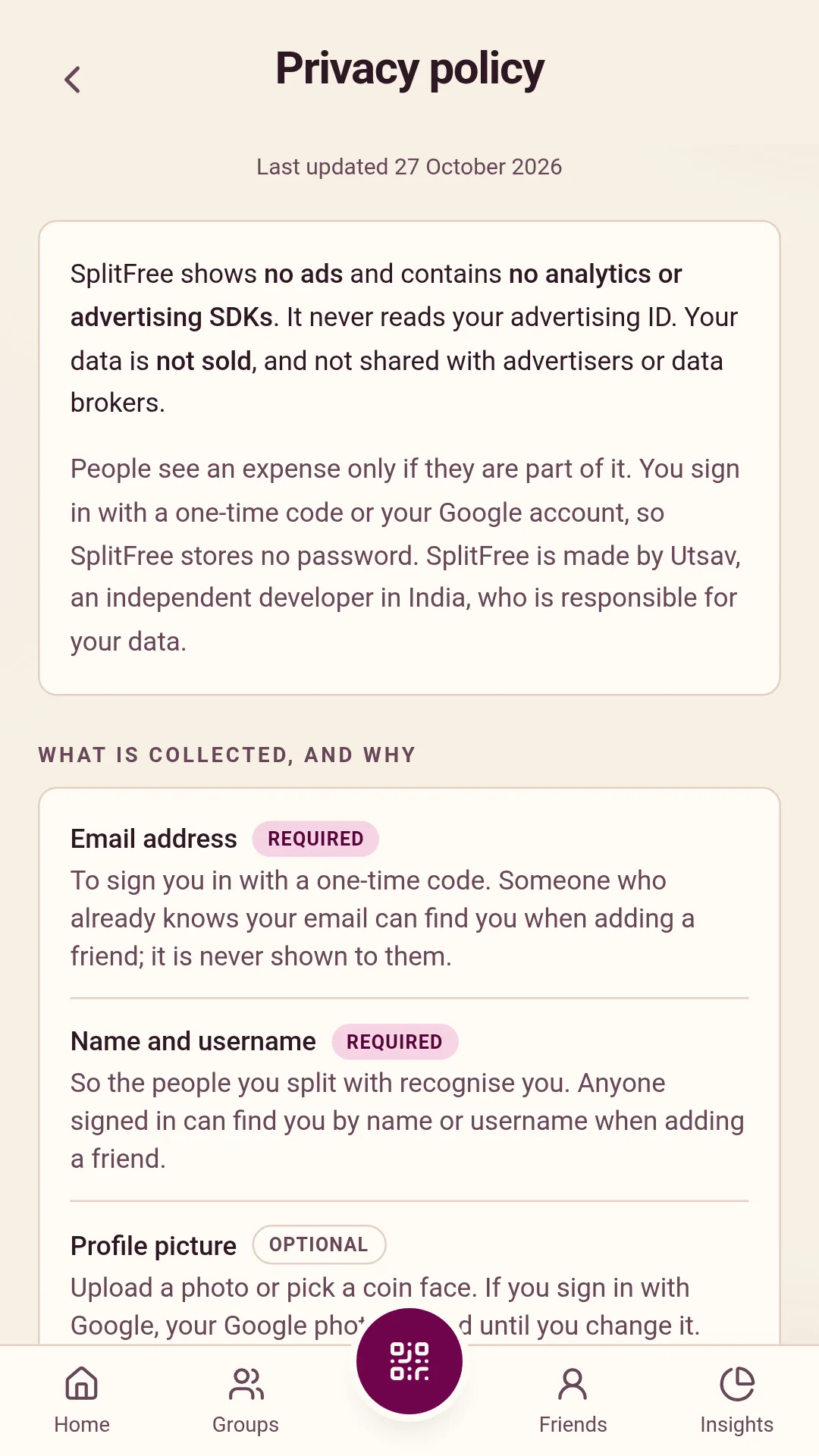 The same privacy policy shown inside the SplitFree app, under Account, Settings, Privacy policy