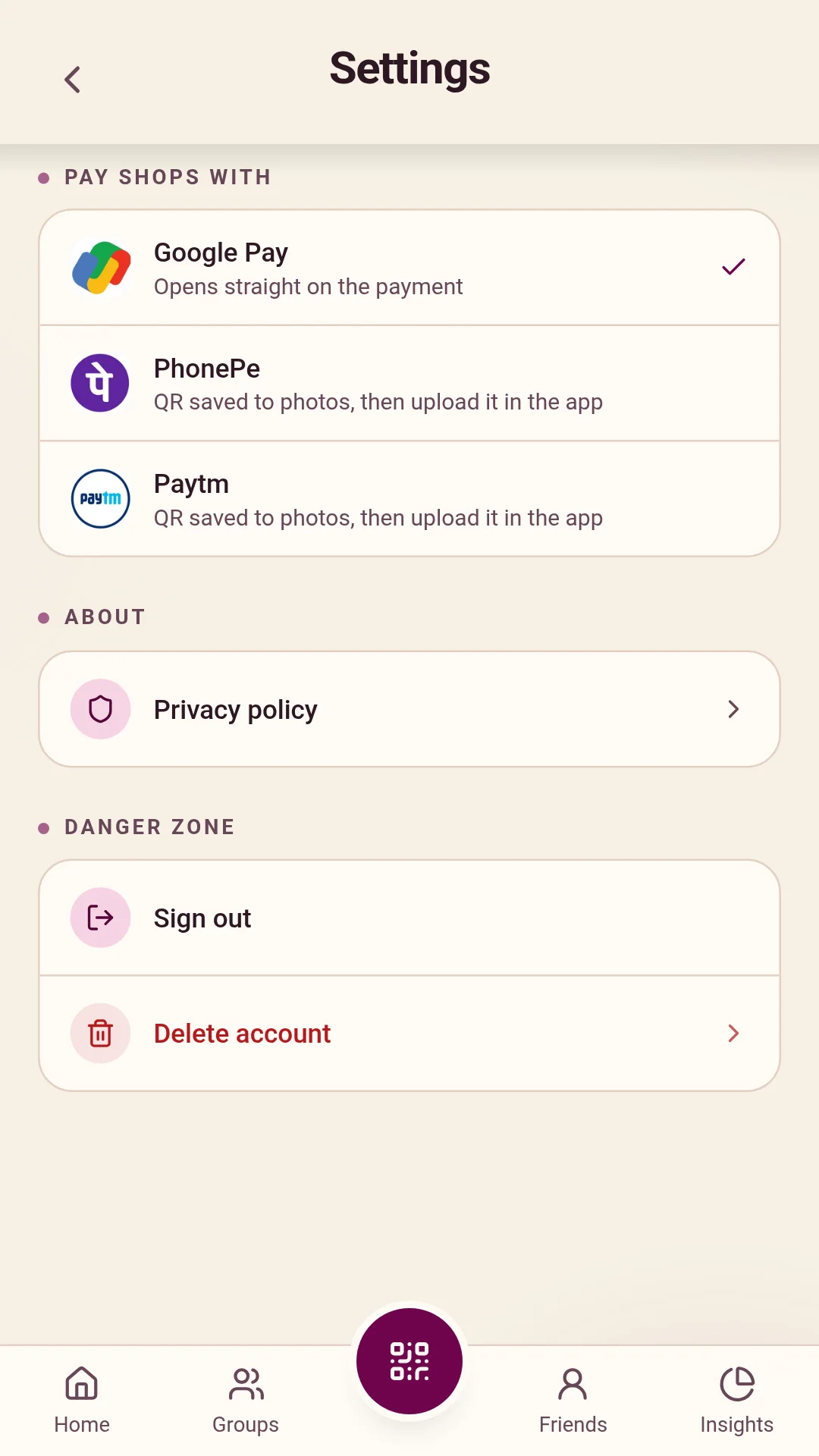 SplitFree Settings screen with Delete account at the bottom, under Danger zone