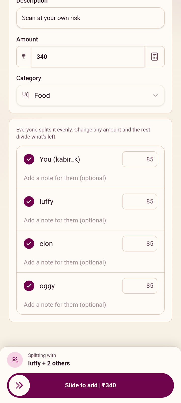 SplitFree splitting a ₹340 shop payment between friends