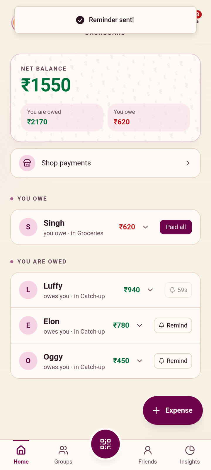 SplitFree home screen: tapping Remind next to Luffy, who owes ₹940