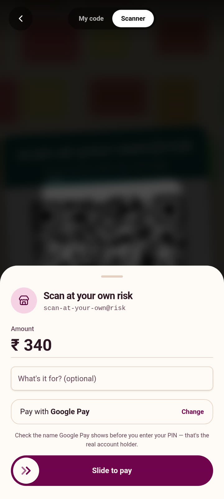 SplitFree's scanner reading a shop's UPI QR, then the amount being entered