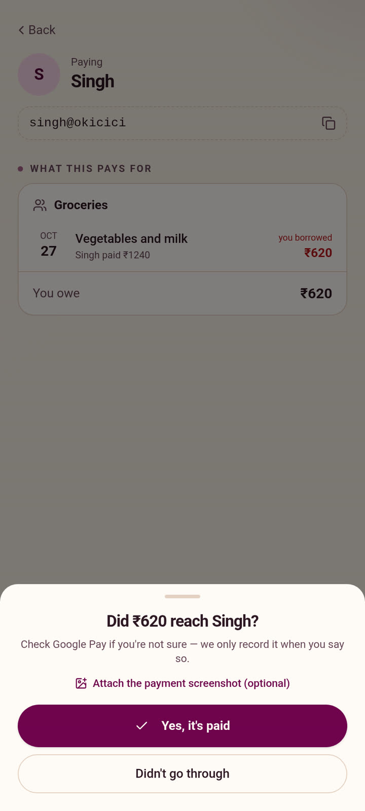 SplitFree settling ₹620 with Singh on UPI